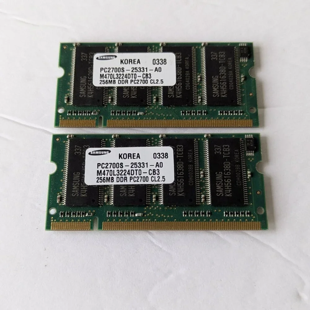 Two Samsung 256MB DDR PC2700S-25331-A0 333MHz  Memory M470L3224DT0-CB3 SoDimm